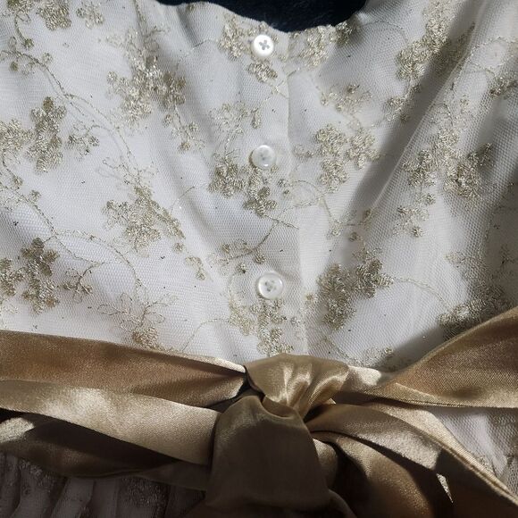 Laura Ashley London 5 White Gold Embroidered Shrtslv Bow Lined Girl'sFormalDress - Picture 5 of 9